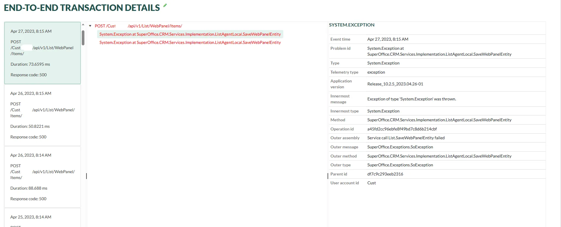 E2E failed failed API request in SuperOffice developer portal -screenshot
