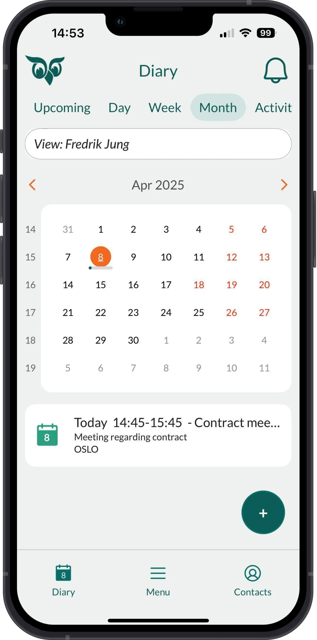 Mobile CRM: Diary month tab -app-screen