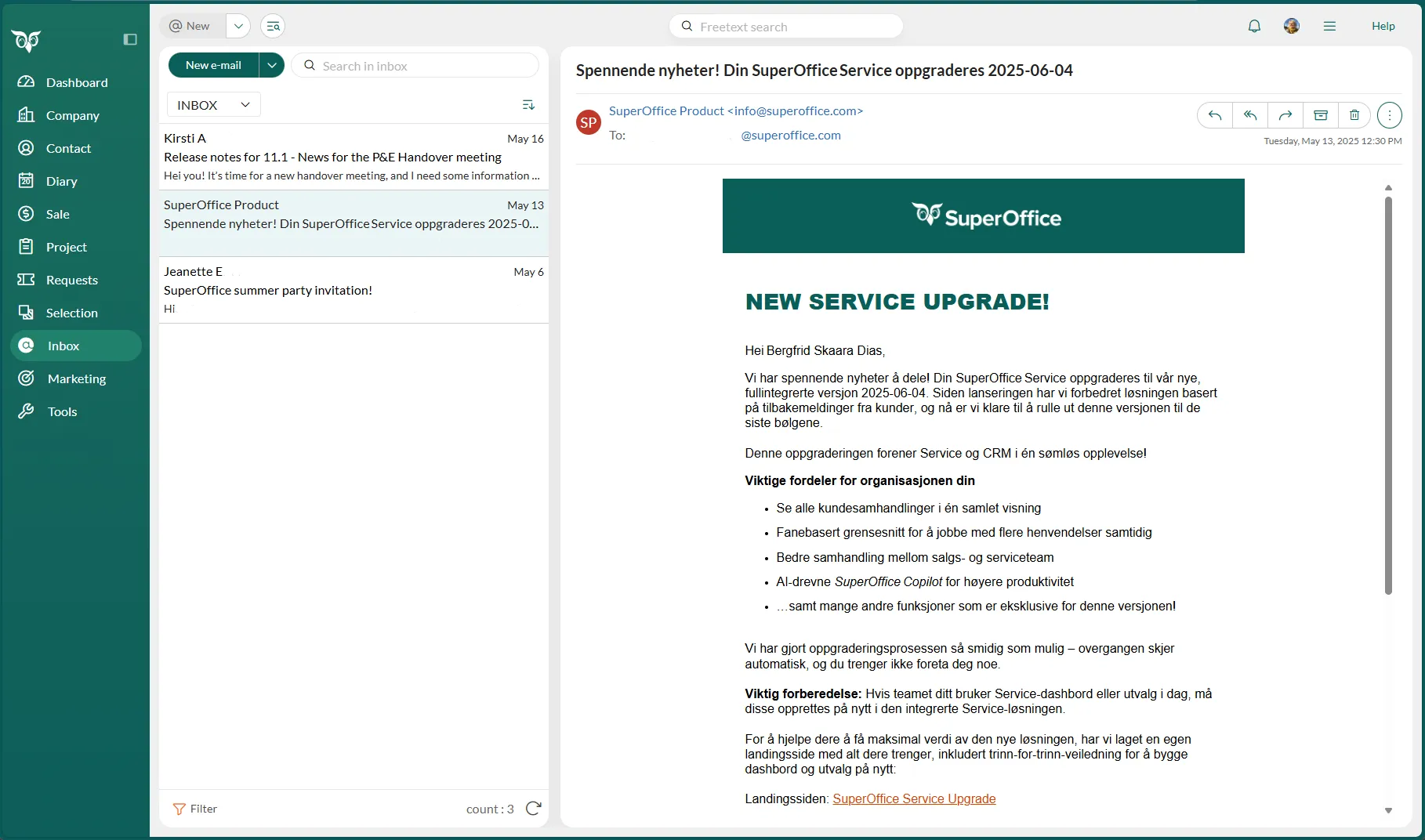 Email preview with message selected and actions available -screenshot