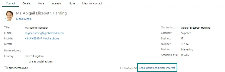 At the bottom of the Contact card you can open a person's privacy page by clicking the Legal basis: Legitimate interest button -screenshot