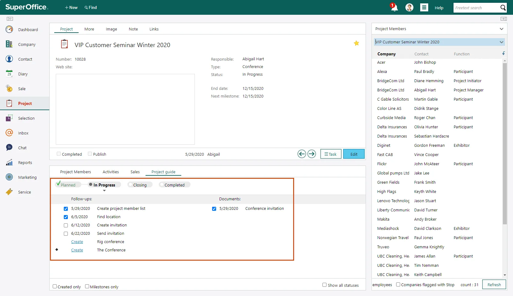 The project guide screen in Project let you to easily get an overview of the projects progress. -screenshot