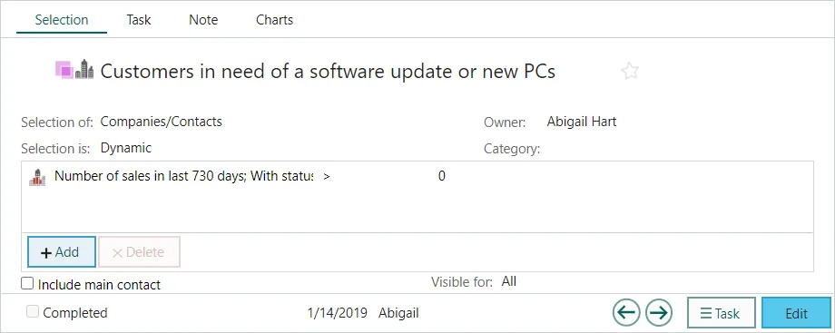 Selection of neglected customers in Settings and maintenance -screenshot