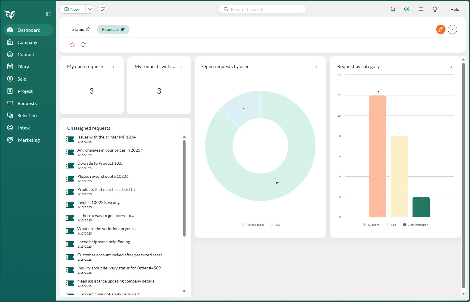 Dashboard for Requests with lists of own open requests and a queue for unassigned requests. Here you can pick a request to handle -screenshot