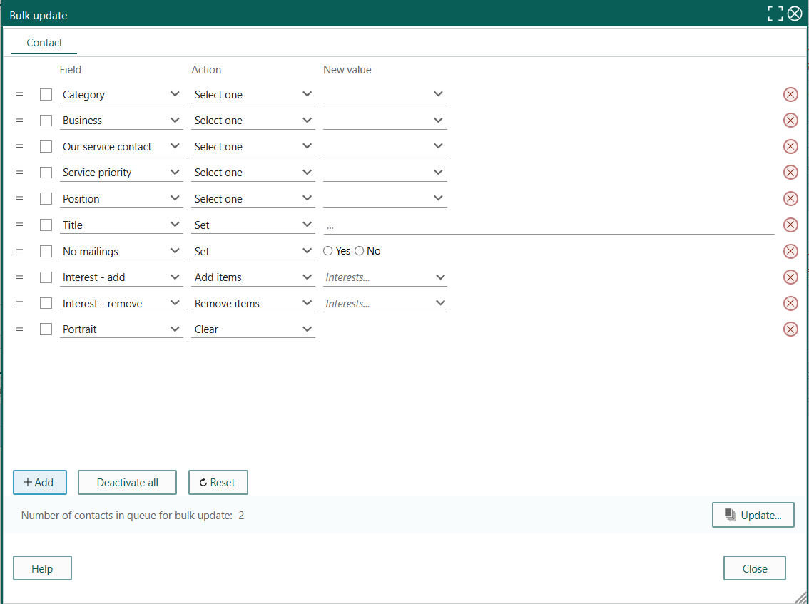 Bulk update dialog -screenshot
