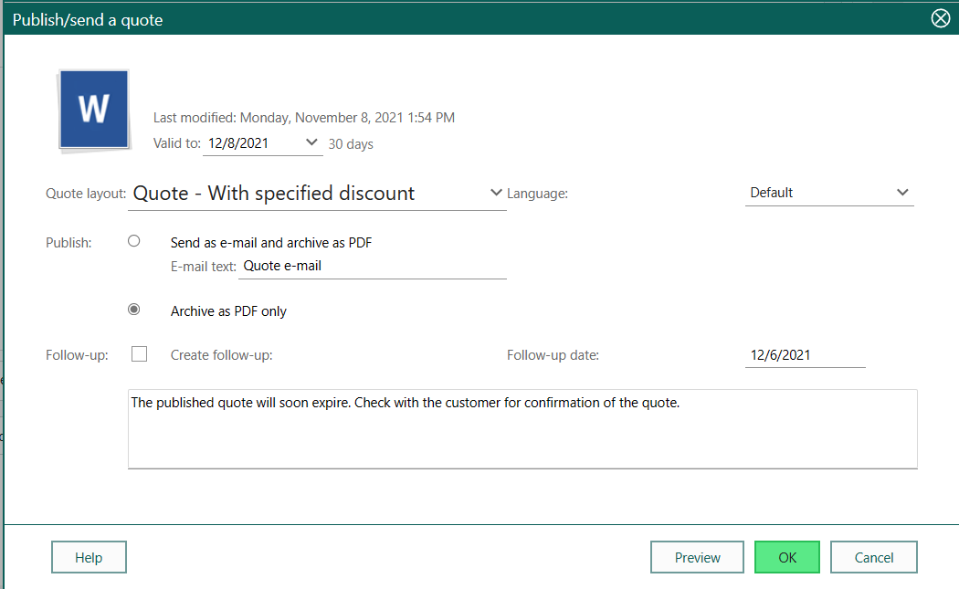 Publish/send a quote dialog -screenshot