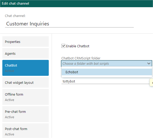 Chat channel admin: chatbot tab
