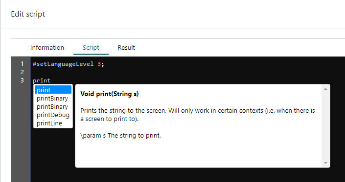 Intellisense, print method