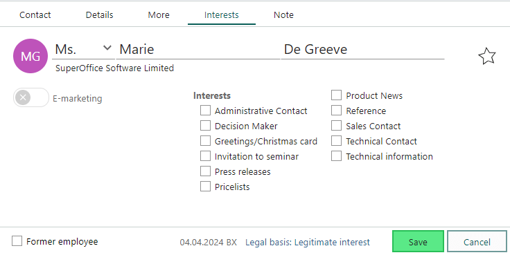 Interest tab on contact card -screenshot