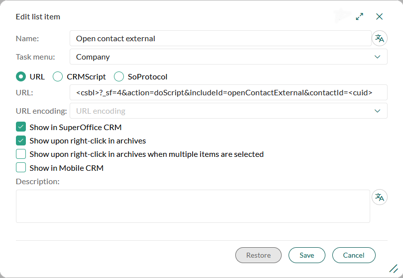 Edit list item dialog with task menu URL set -screenshot