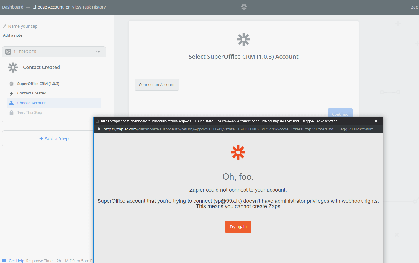 Issue connecting Zapier to SuperOffice -screenshot