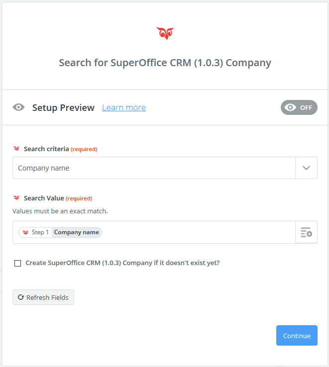 Zapier: Search for SuperOffice CRM company -screenshot