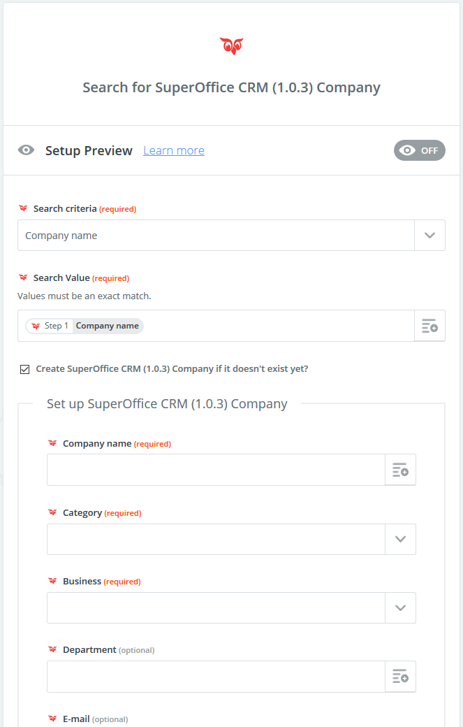 Zapier: Create SuperOffice CRM company if it doesn't exist -screenshot