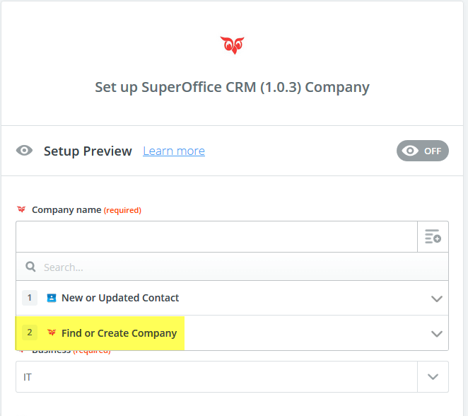 Zapier: Set up SuperOffice CRM Company -screenshot