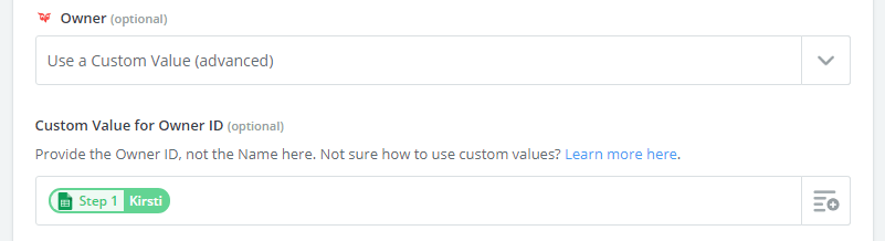 Provide Owner ID for Custom Value -screenshot