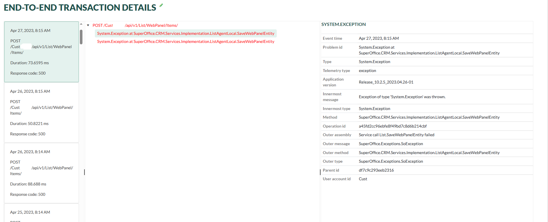 E2E failed failed API request in SuperOffice developer portal -screenshot