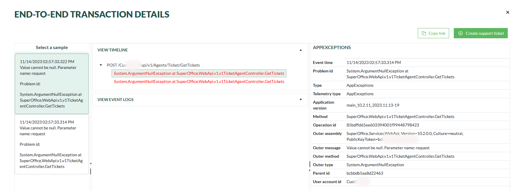 API exception details in SuperOffice developer portal -screenshot