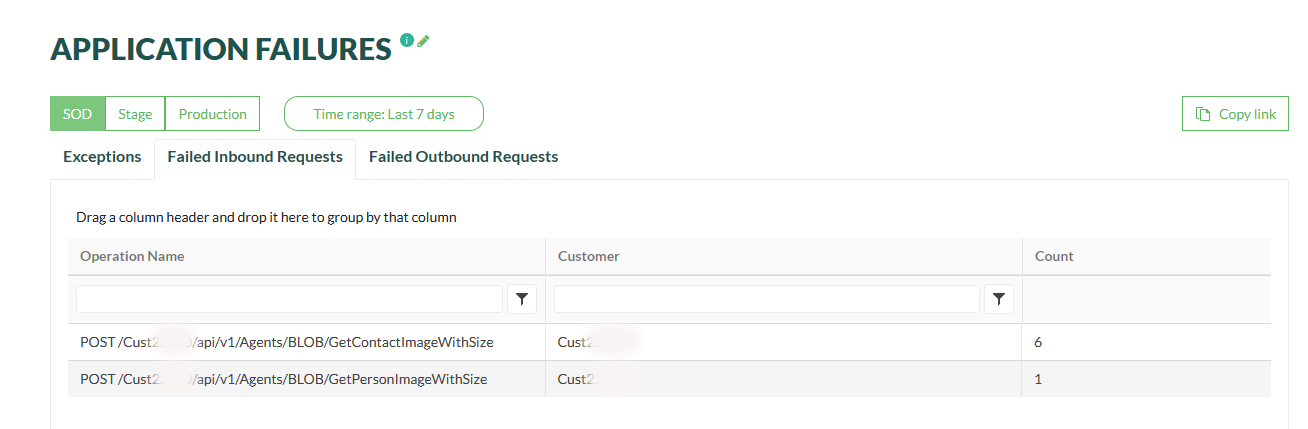 List of inbound failed API requests in SuperOffice developer portal -screenshot