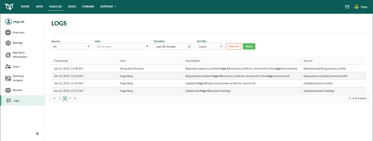 The Logs page for a partner in the SuperOffice Developer portal -screenshot
