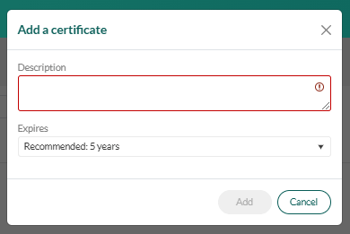 New Certificate dialog -screenshot