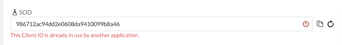 Client ID in use by another application, with copy and regenerate controls -screenshot