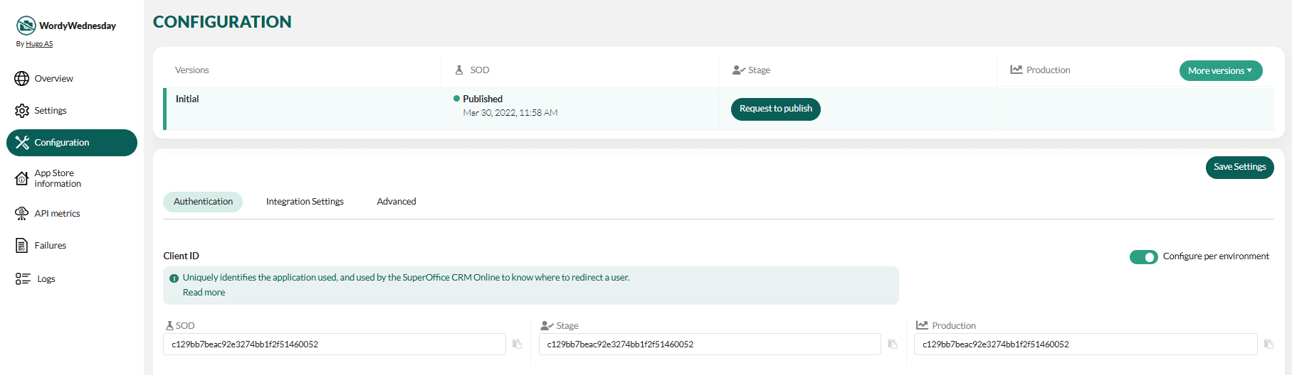 App client ID per environment -screenshot
