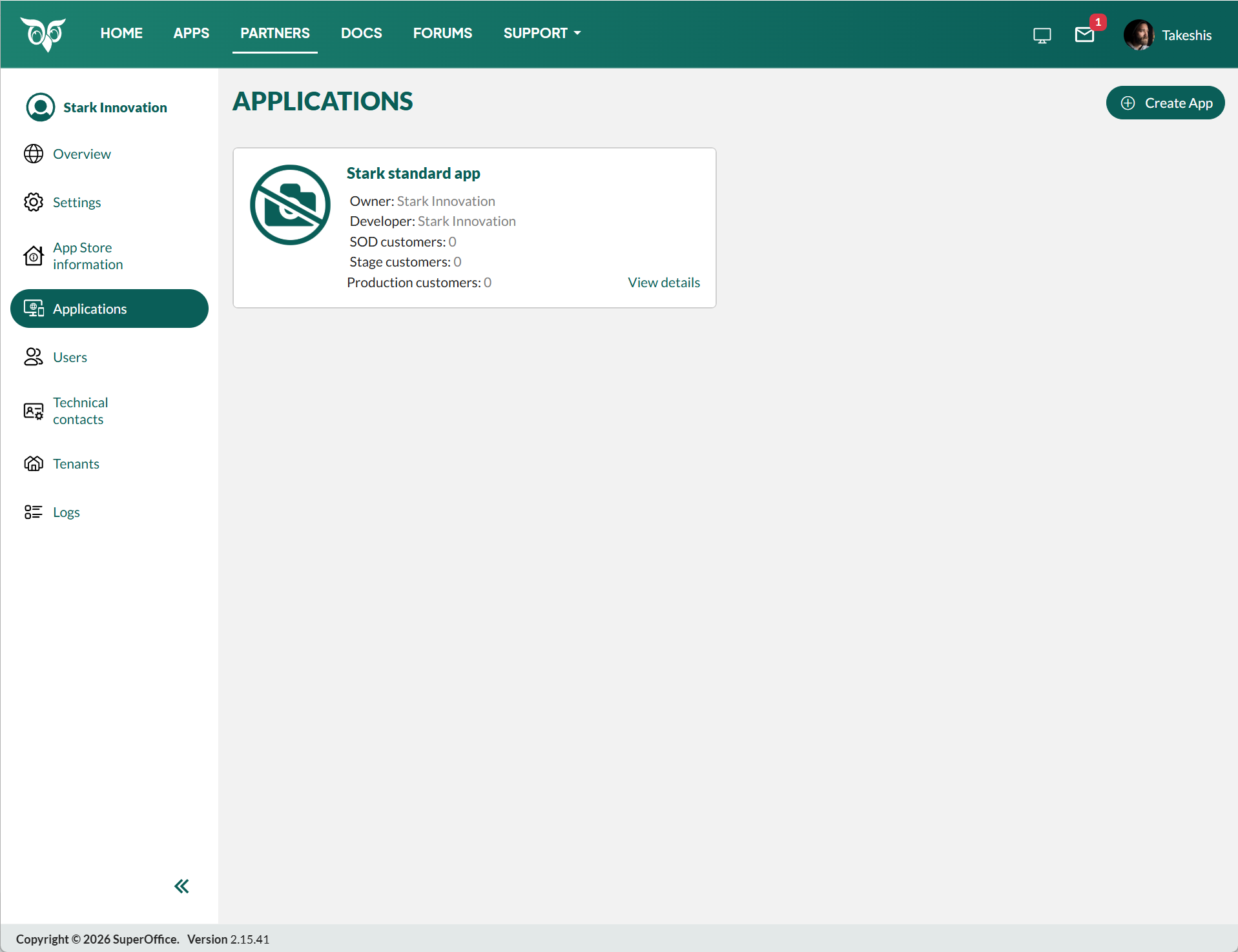 Applications page in the SuperOffice Developer Portal -screenshot