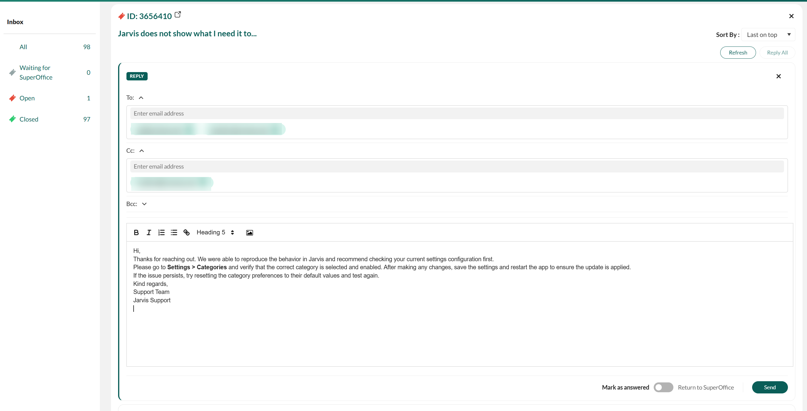 Reply editor with To, Cc, and Bcc fields and the Mark as answered / Return to SuperOffice toggle -screenshot
