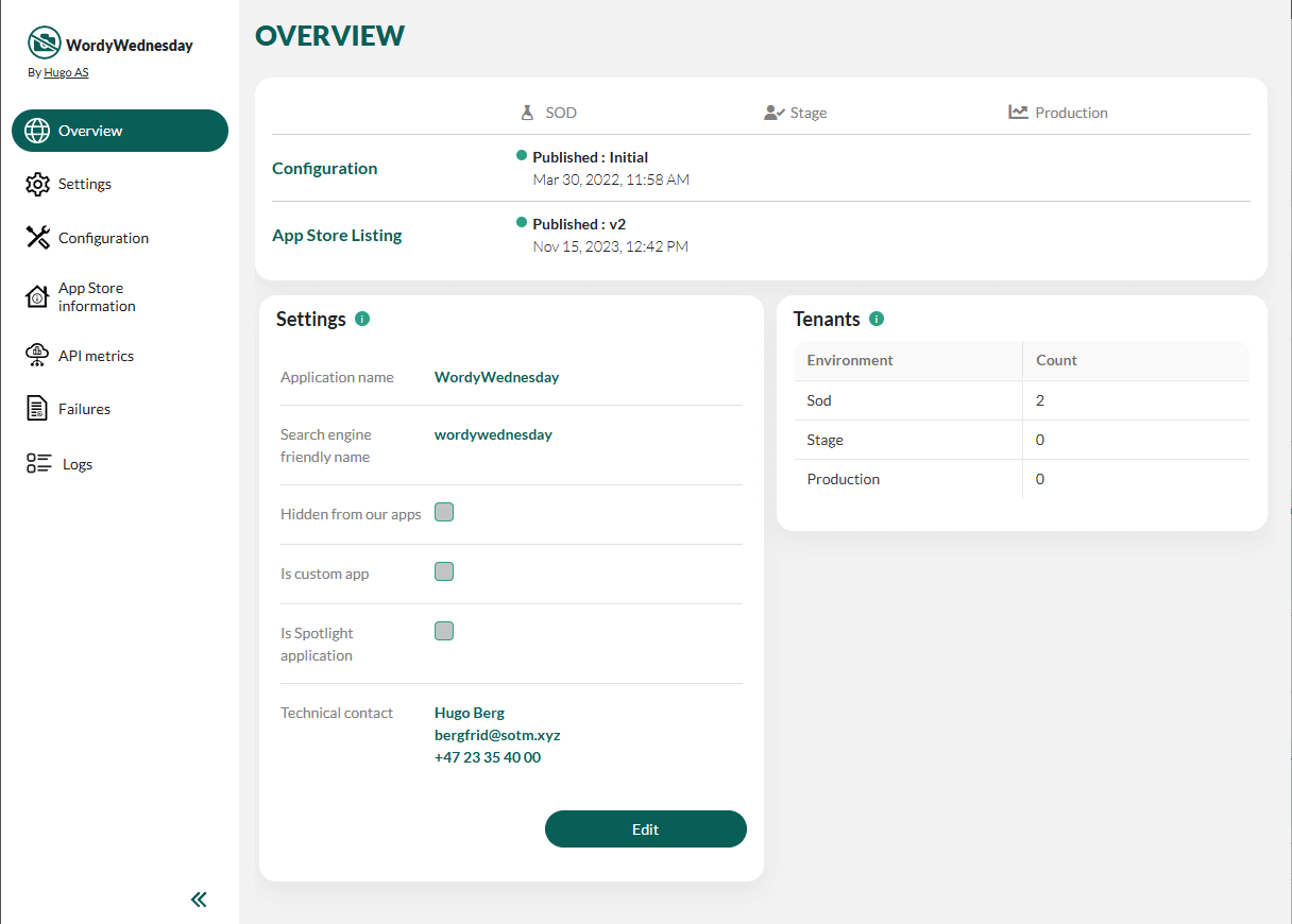Application settings in the SuperOffice Developer Portal -screenshot