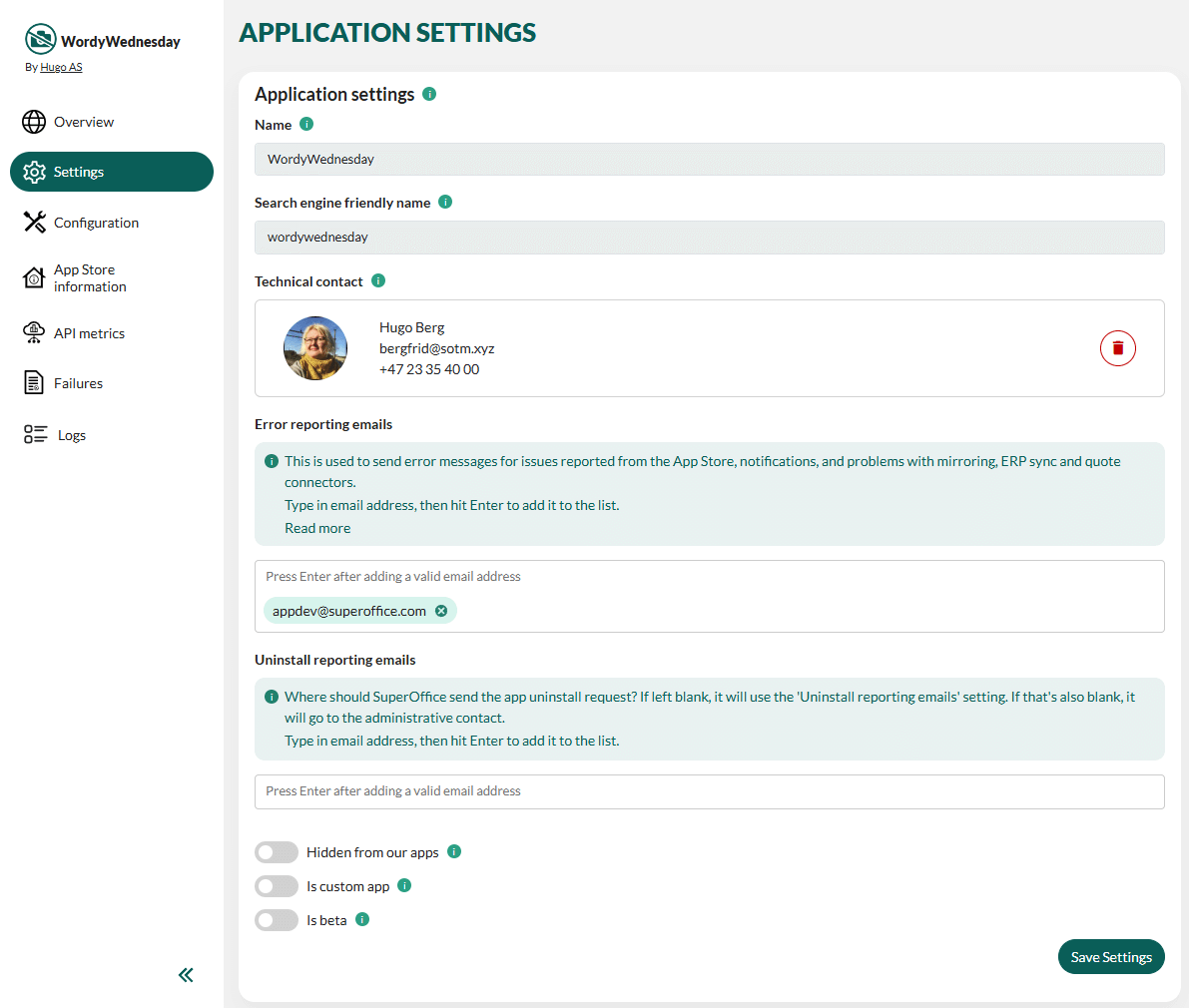 SuperOffice Developer Portal application settings -screenshot