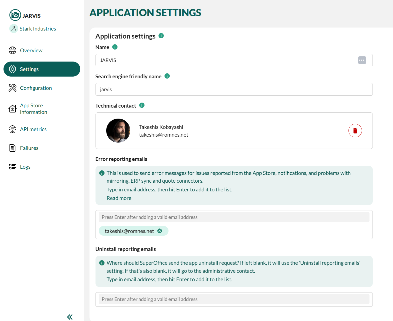 Application settings, error reporting emails -screenshot