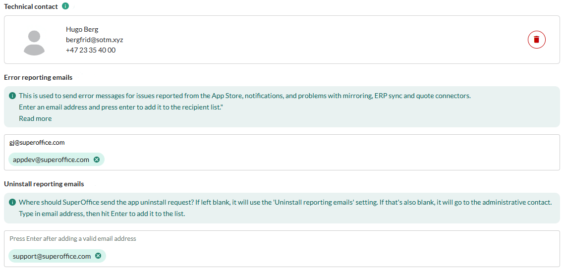 Application settings, error reporting emails -screenshot