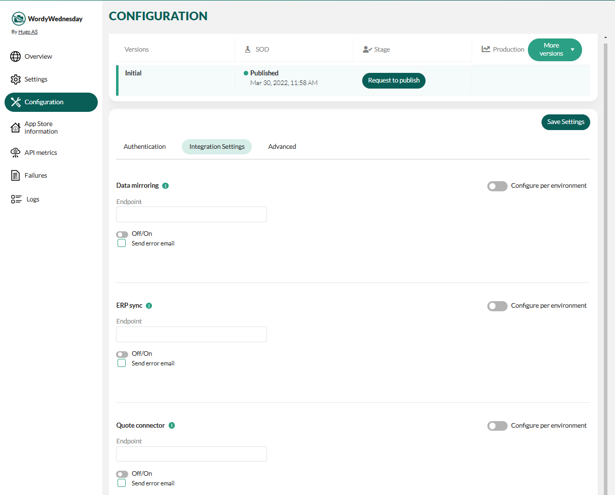 App configuration in the Developer Portal -screenshot