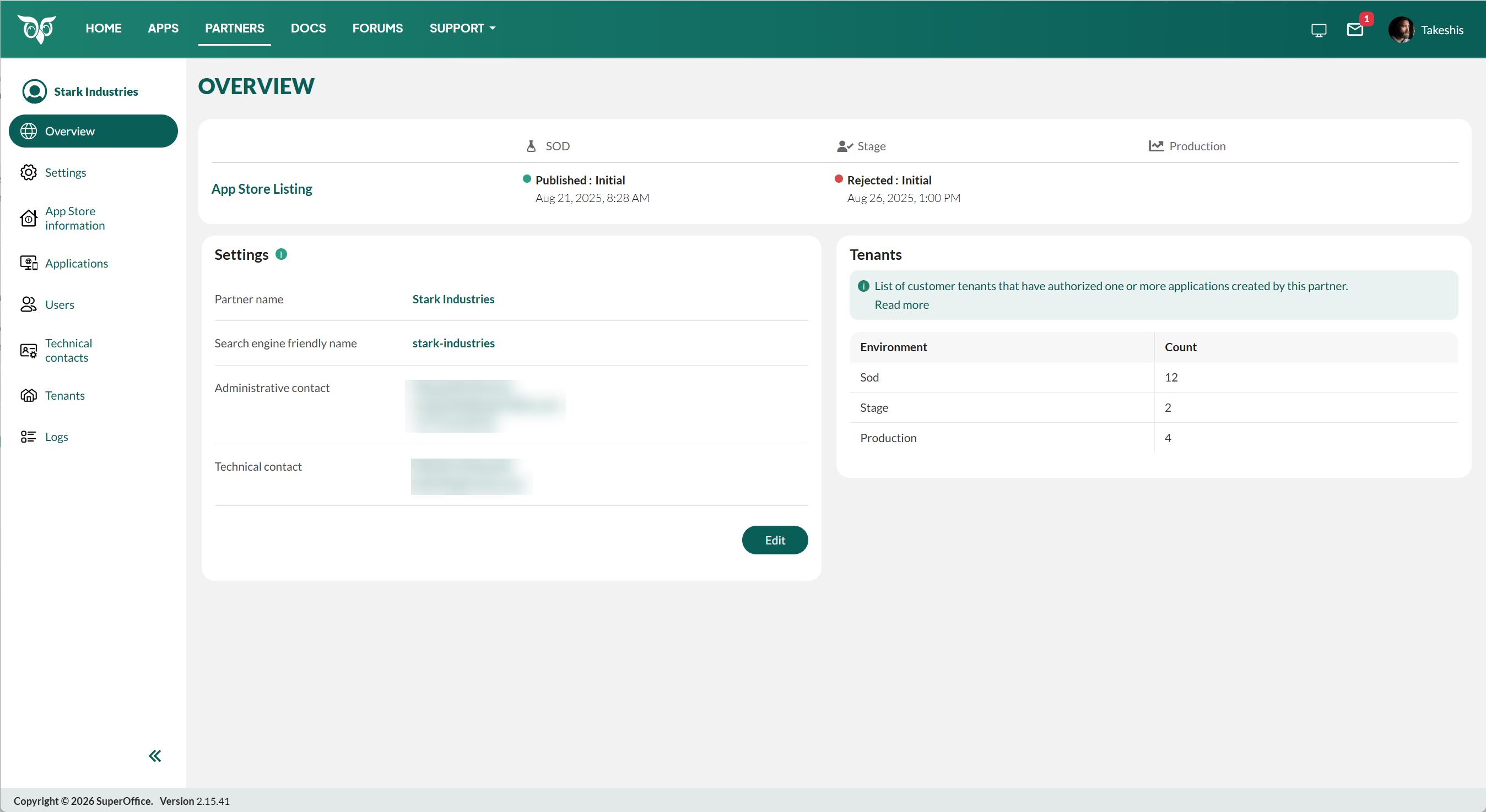 Partner Overview with standard applications, App Store information shown in the left menu -screenshot