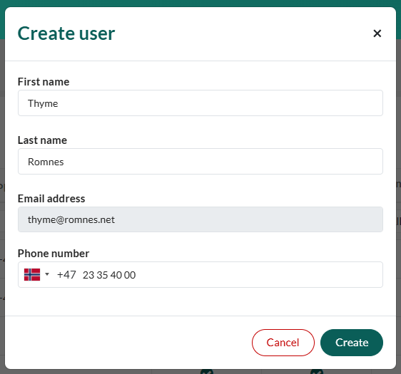 Create user form in the SuperOffice Developer Portal -screenshot