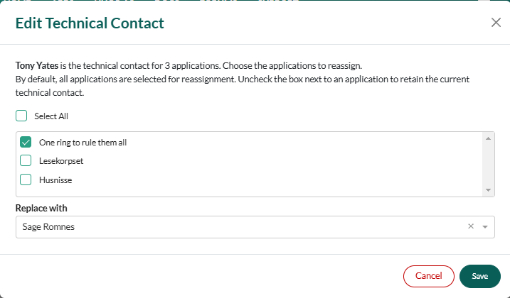 SuperOffice developer portal: Edit technical contact -screenshot
