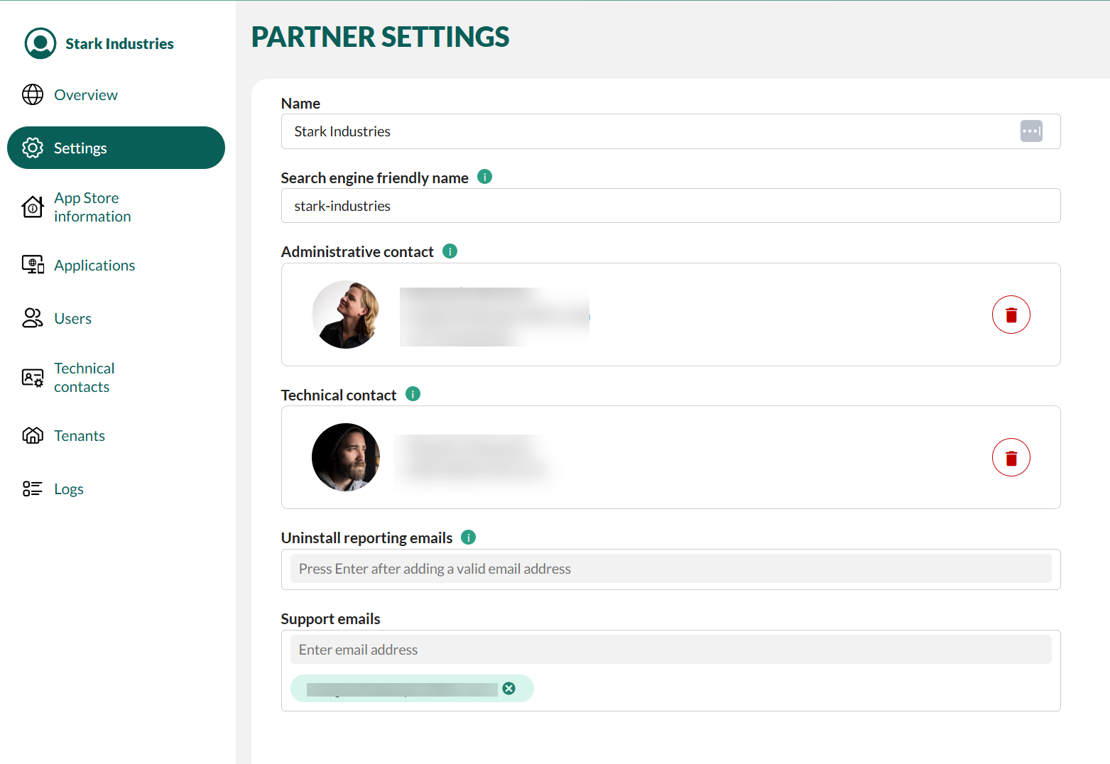 Partner settings in the SuperOffice Developer Portal -screenshot