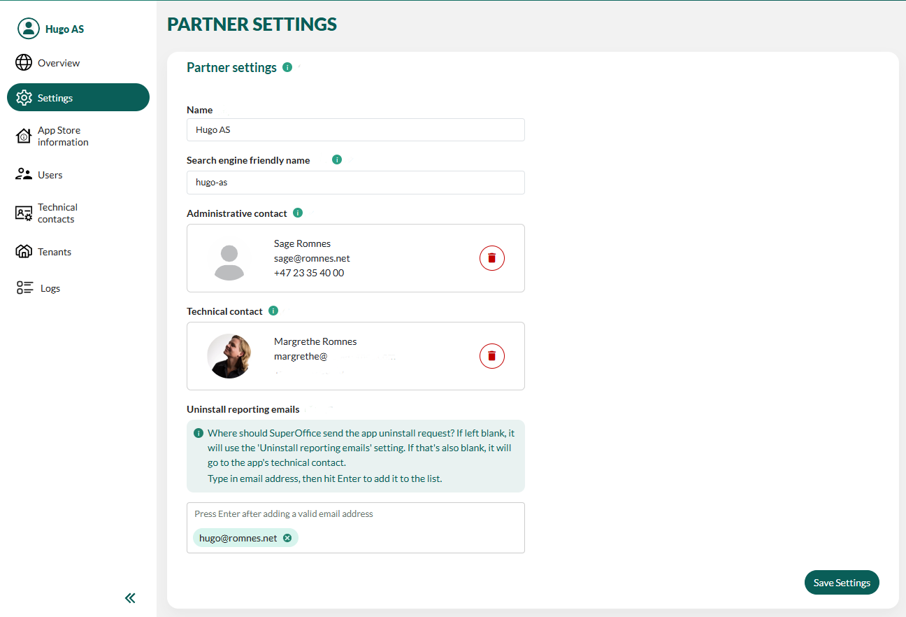 Partner settings -screenshot