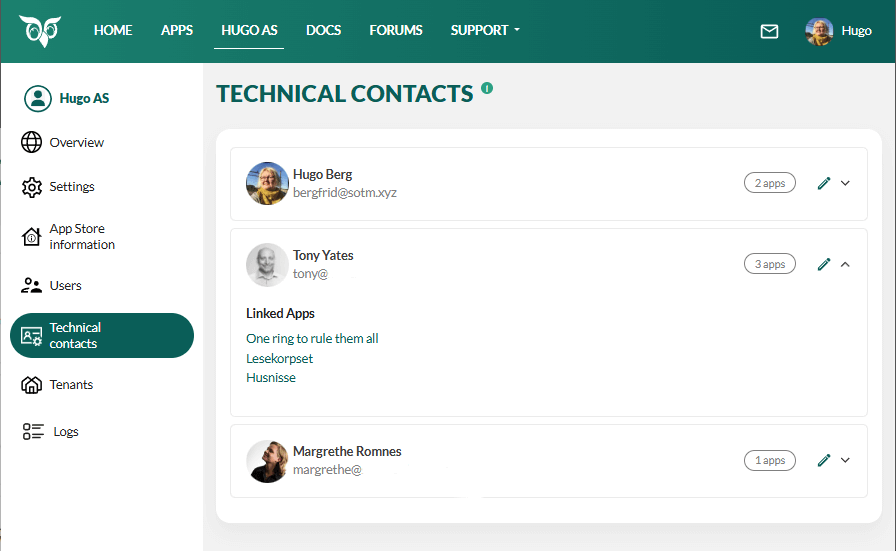 SuperOffice developer portal: partner > technical contacts -screenshot