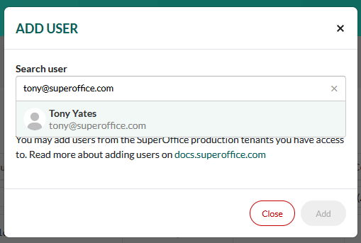 Find user by email in the SuperOffice Developer Portal -screenshot