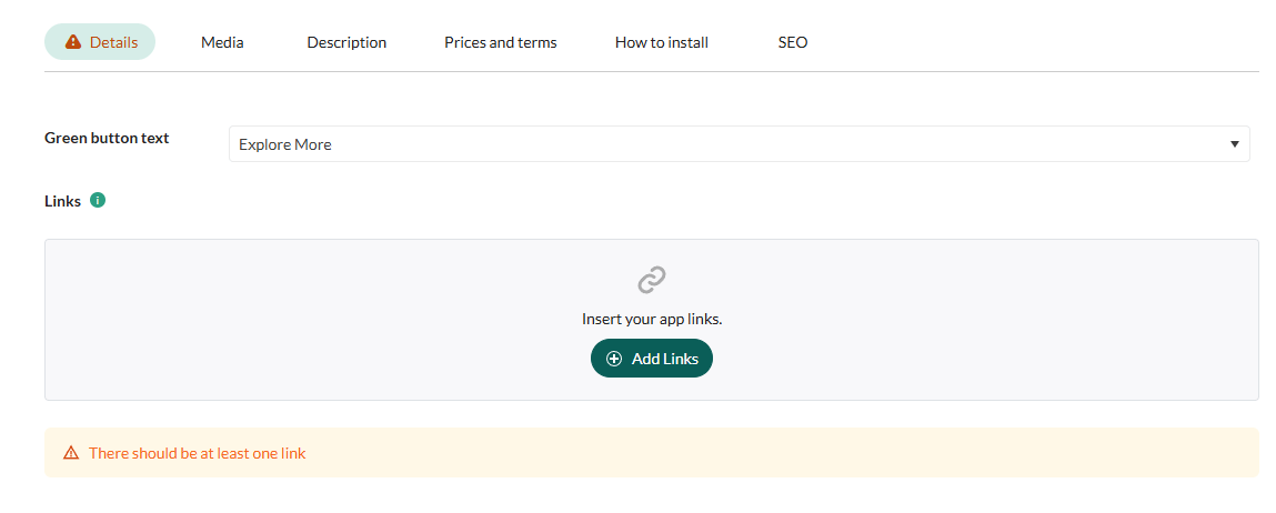Warning Links field is blank -screenshot