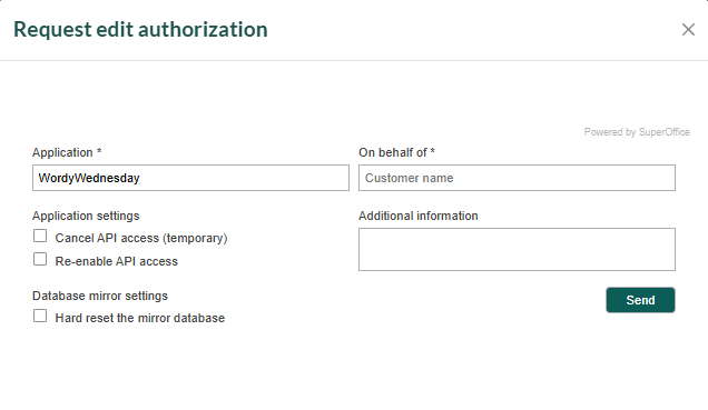 Request edit tenant authorization in SuperOffice Developer portal -screenshot