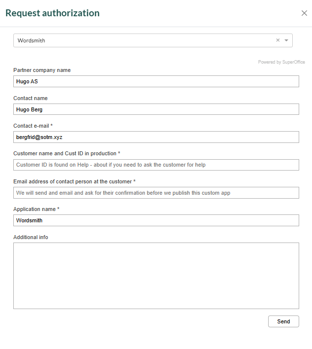 Request tenant authorization dialog in SuperOffice Developer portal -screenshot