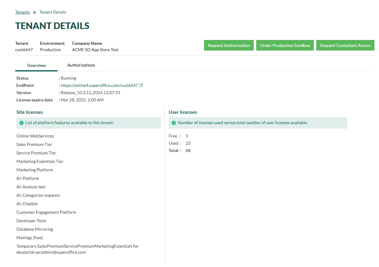 Tenant details page in SuperOffice Developer portal -screenshot