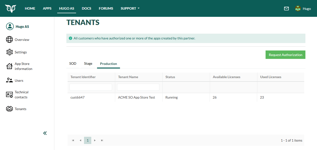 Tenants page in SuperOffice Developer portal -screenshot