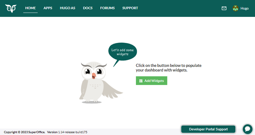 Developer Portal Home dashboard with no widgets -screenshot