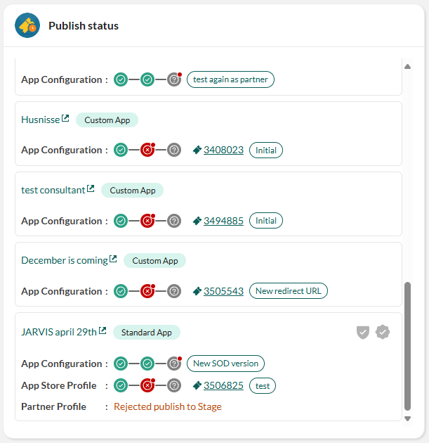 Publish status widget showing various app configurations and statuses -screenshot