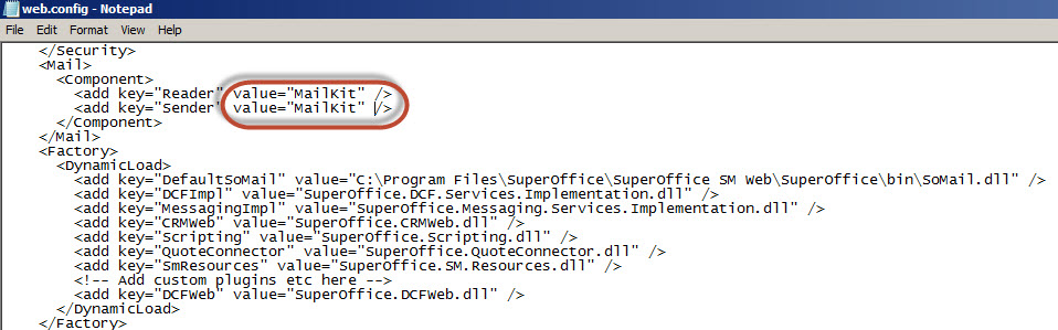 Web.config settings -screenshot