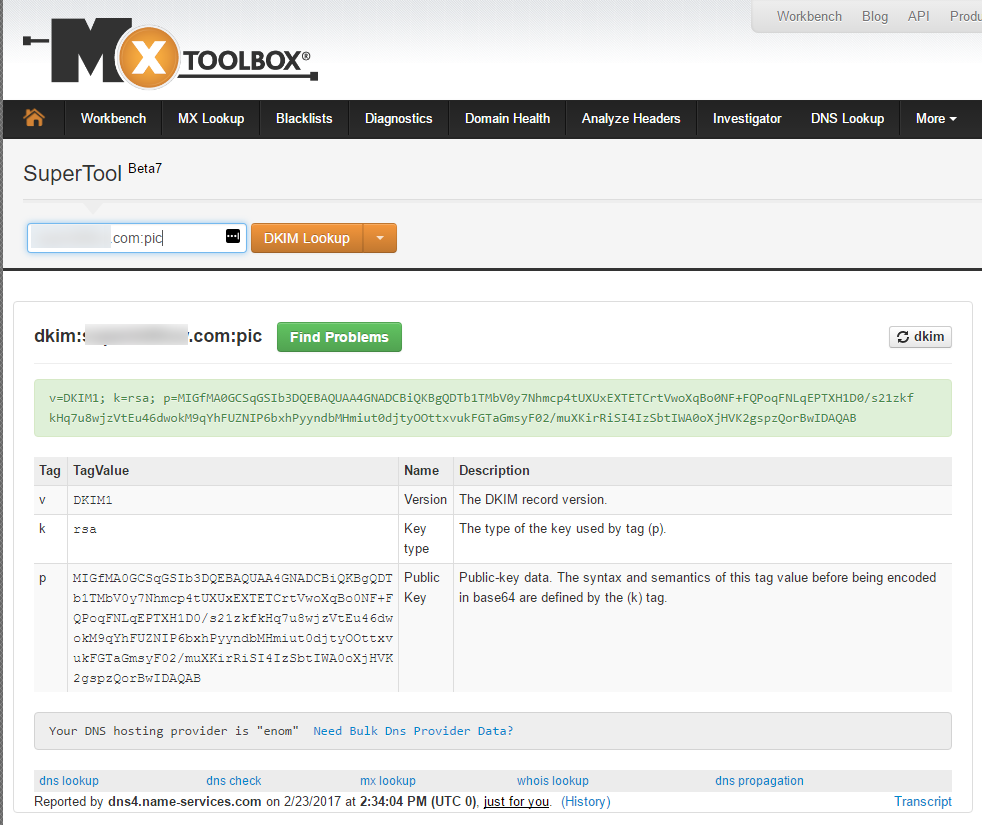 Test DKIM record -screenshot