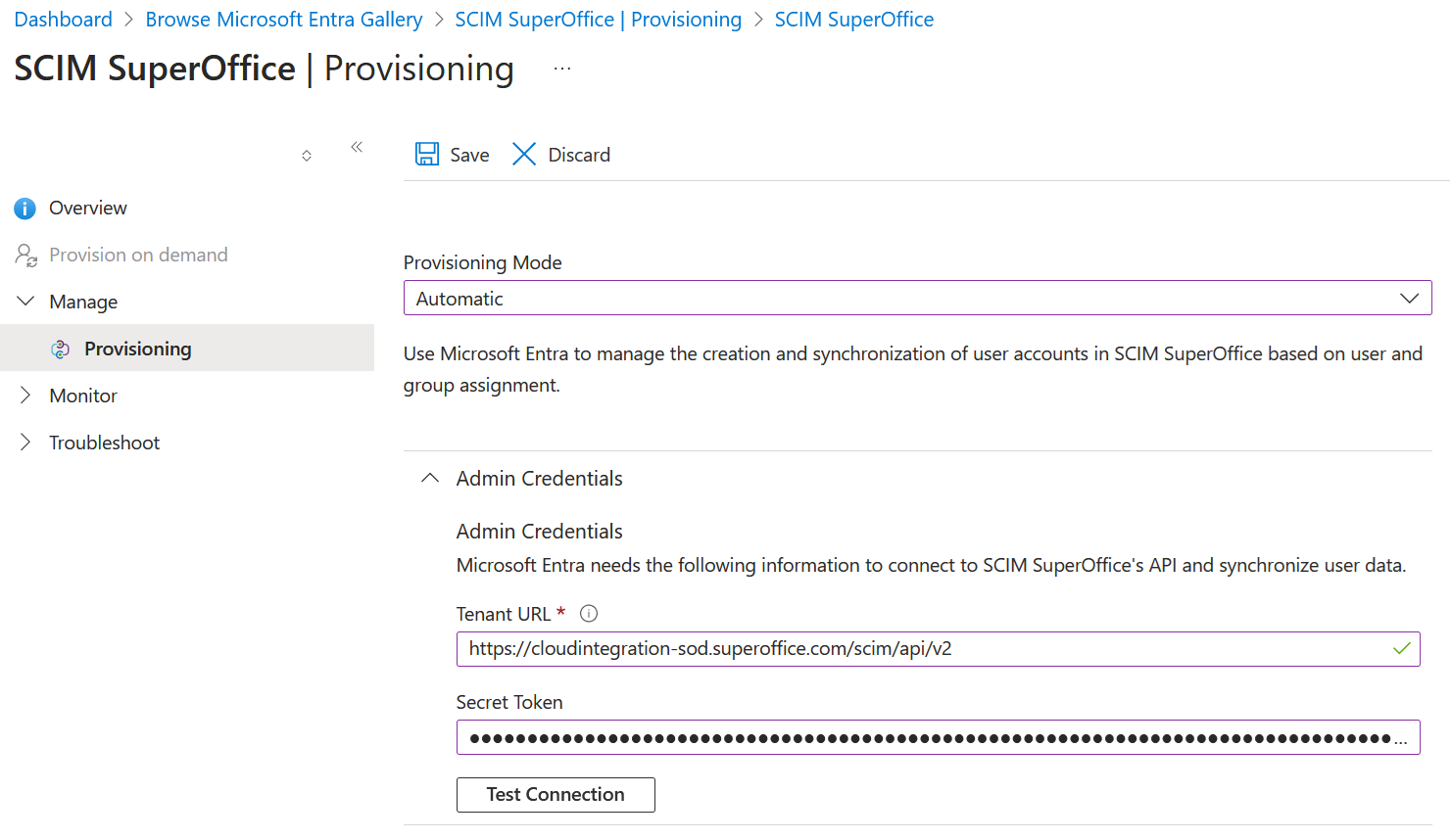 SCIM test connection from Microsoft Entra ID -screenshot