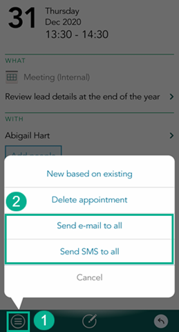 Mobile CRM: Send email or SMS -app-screen